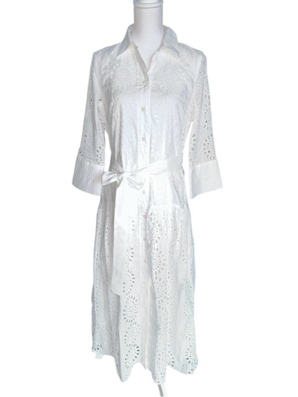 ZARA White Eyelet Shirt Maxi Dress with collar and belt Cotton NWT Medium - Picture 4 of 12